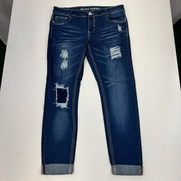 Almost Famous Womens Cropped Jeans Blue Distressed Dark Wash Low Rise Size 11 - Picture 1 of 10